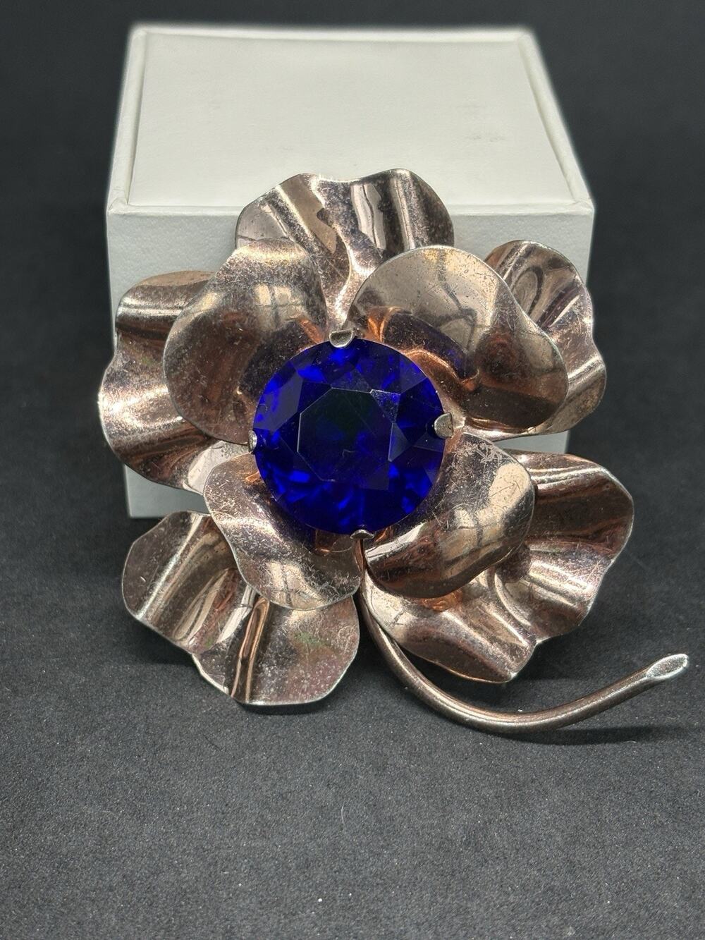 1940s Vintage Sterling Silver Gold Tonr Flower Brooch Blue Glass Statement 45g